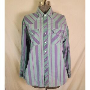 Vintage 70s 80s Youngbloods Authentic Western‎ Purple Green Striped Pearl Snap L
